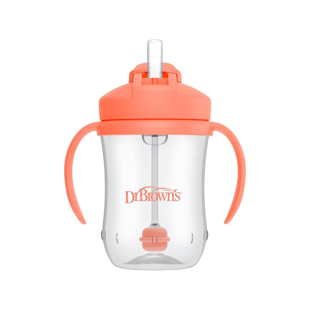 Dr. Brown’s 270ml weighted straw cup in coral with removable handles and a travel-friendly sliding lid.