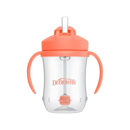 Dr. Brown’s 270ml weighted straw cup in coral with removable handles and a travel-friendly sliding lid.