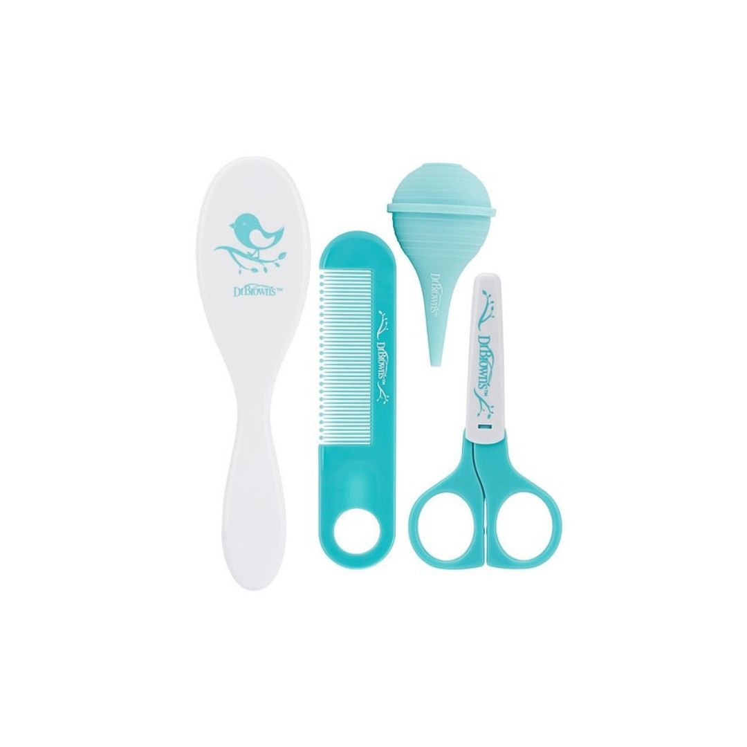 Dr. Brown’s 4-piece baby care kit featuring a blue nasal aspirator, soft hairbrush, comb, and safety scissors.