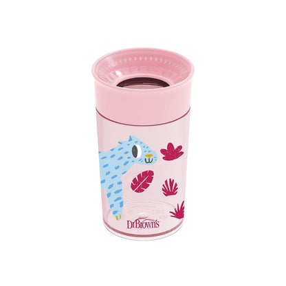 Dr. Brown’s Cheers360 spoutless training cup featuring pink animal illustrations and a clear silicone valve.