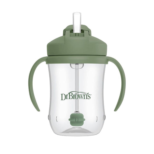 Dr. Brown’s 270ml weighted straw sippy cup in olive green with removable handles and a sliding travel lid.