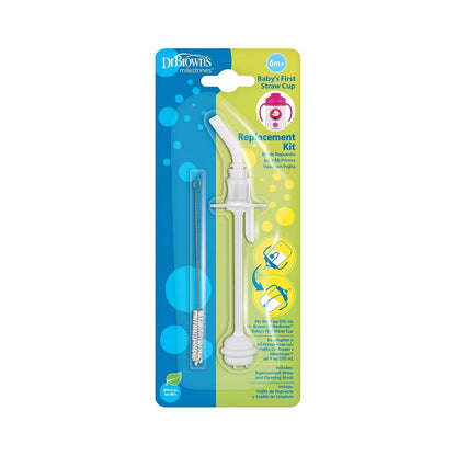 Dr. Brown’s straw replacement kit featuring one silicone straw and a thin wire cleaning brush.