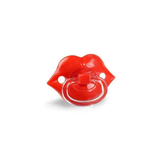 Red lip-shaped novelty baby pacifier with clear silicone nipple and handle on a white background.