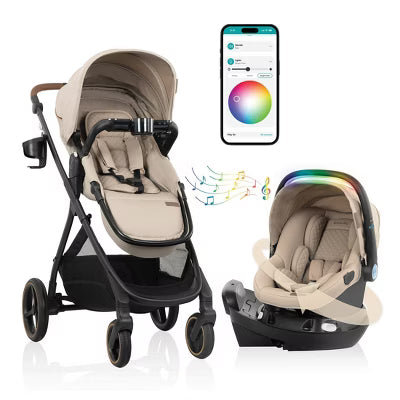 Evenflo Shyft Intuiti+ Travel System with Revolve180 LiteMax NXT &amp; SensorySoothe travertine