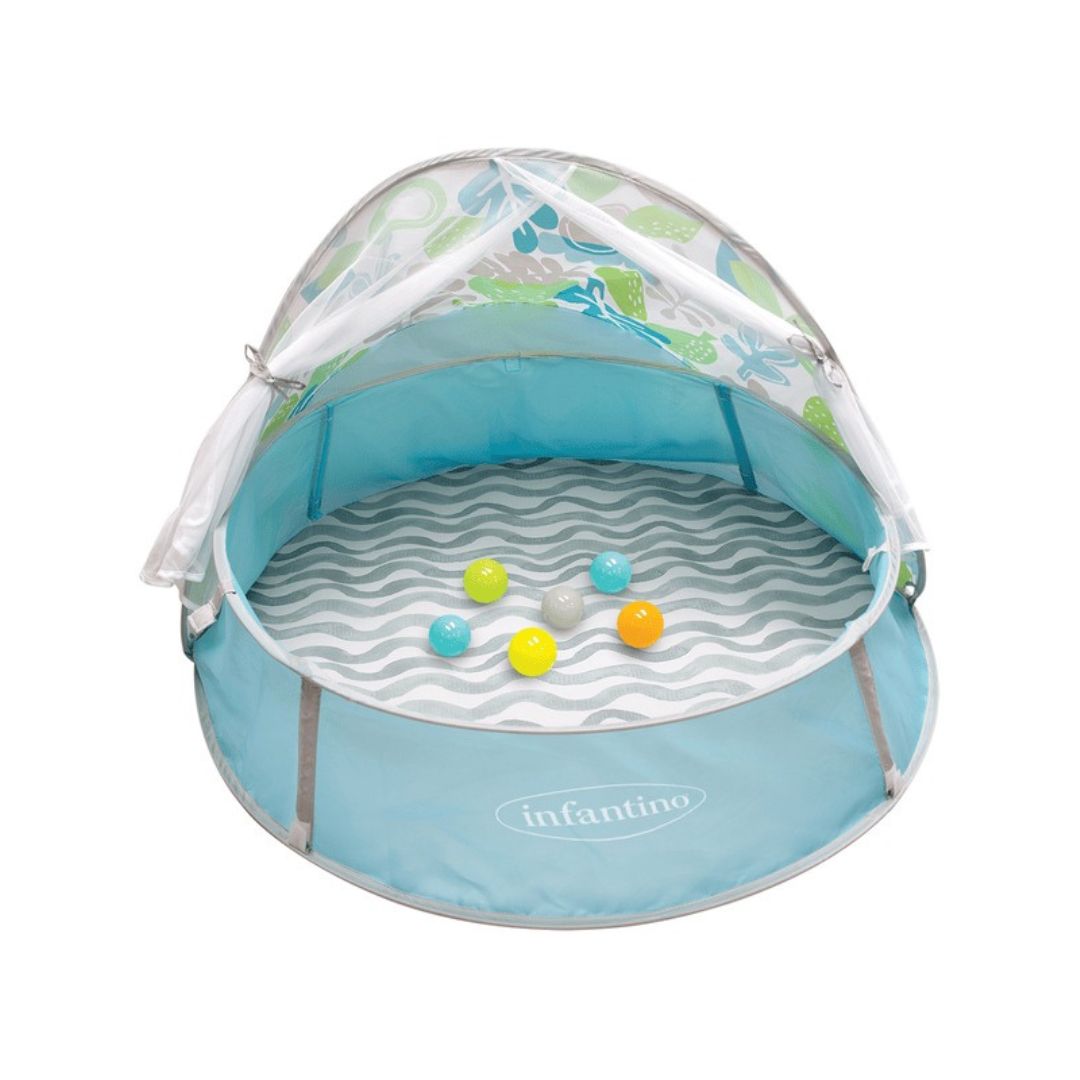 Infantino 3-in-1 Pop-Up Play Ball Pit and sun shelter with mosquito net door.