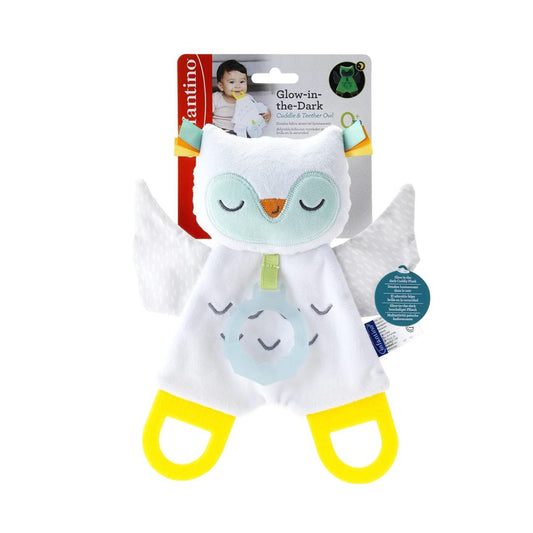 Infantino Cuddle & Teether Owl toy with glow-in-the-dark accents and textured silicone teething base.