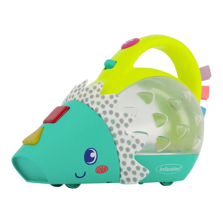 Infantino Hedgehog Push & Pop Musical Mini-Vac with light-up buttons and colorful beads.