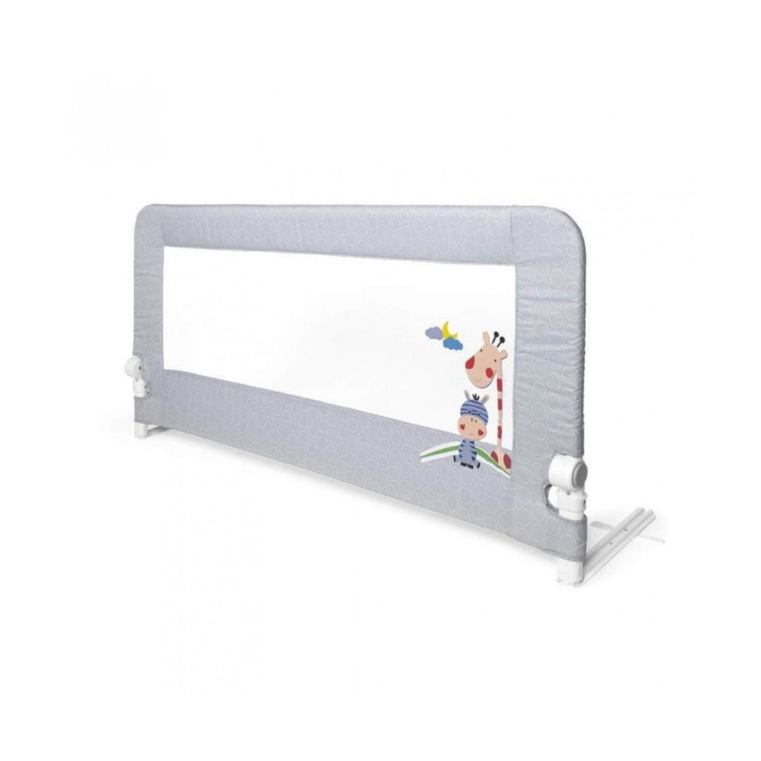 A 150cm long grey bedrail by Interbaby featuring a white giraffe print and a transparent mesh safety panel.