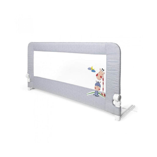 A 150cm long grey bedrail by Interbaby featuring a white giraffe print and a transparent mesh safety panel.