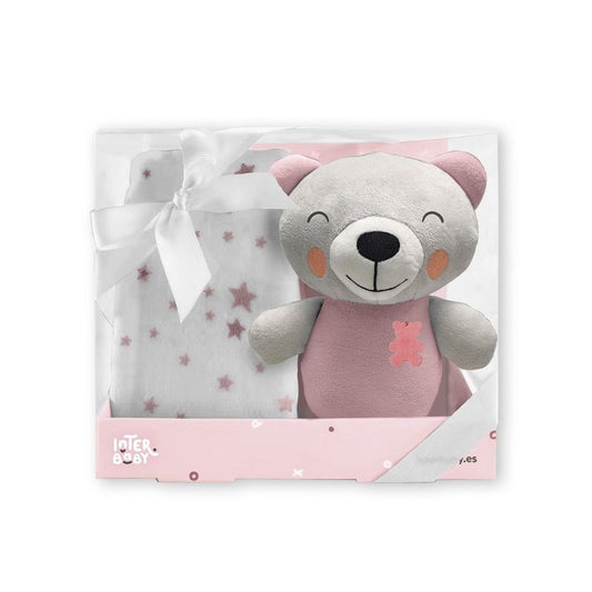 Soft pink Interbaby coral fleece blanket paired with a matching pink plush teddy bear in a gift presentation.