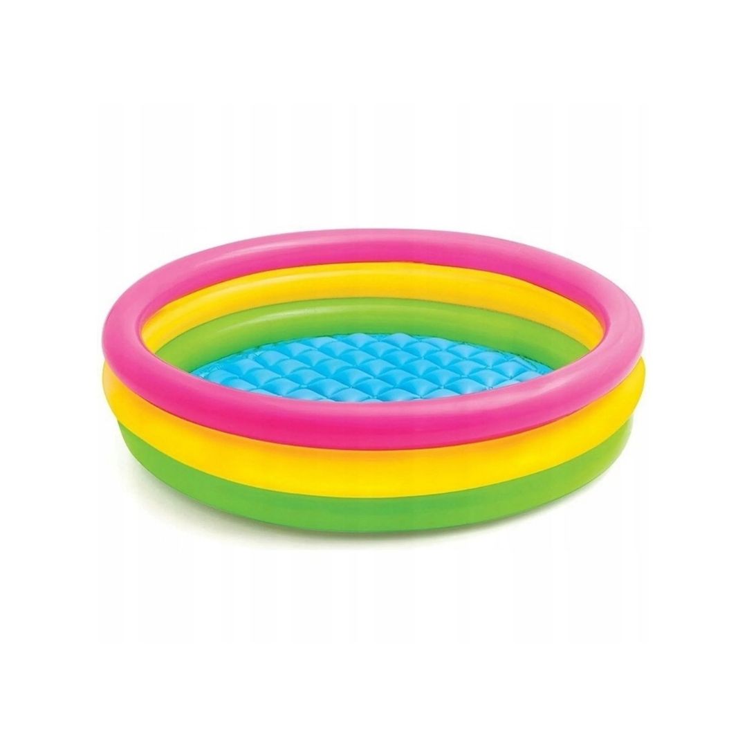 A 45-inch bright yellow and translucent 3-ring inflatable swimming pool for toddlers by Intex.