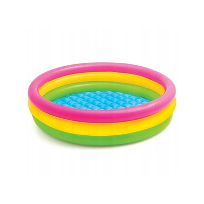 A 45-inch bright yellow and translucent 3-ring inflatable swimming pool for toddlers by Intex.