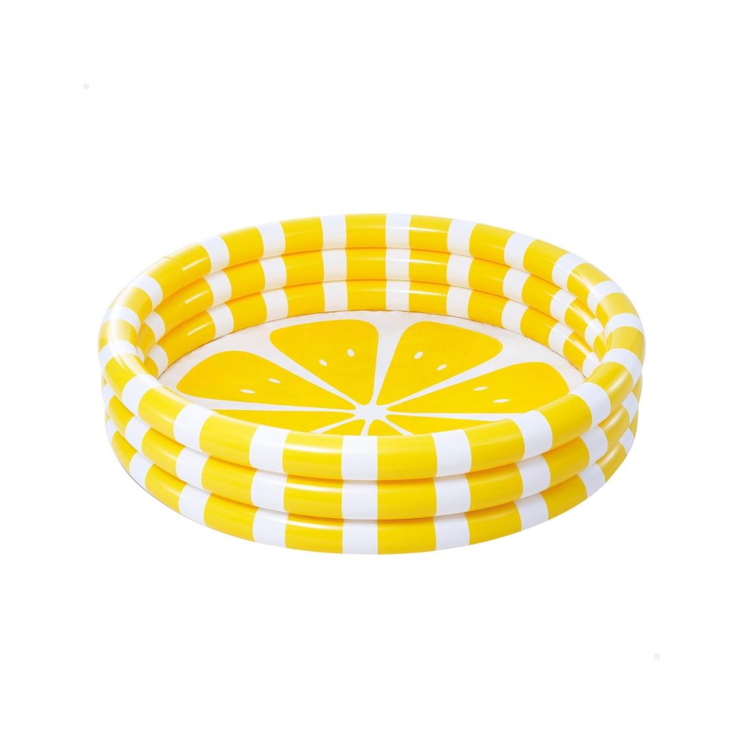 A bright yellow Intex 3-ring inflatable kids pool featuring a vibrant zesty lemon pattern on the sides.