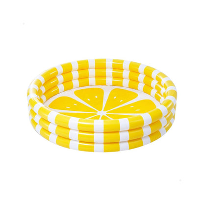 A bright yellow Intex 3-ring inflatable kids pool featuring a vibrant zesty lemon pattern on the sides.