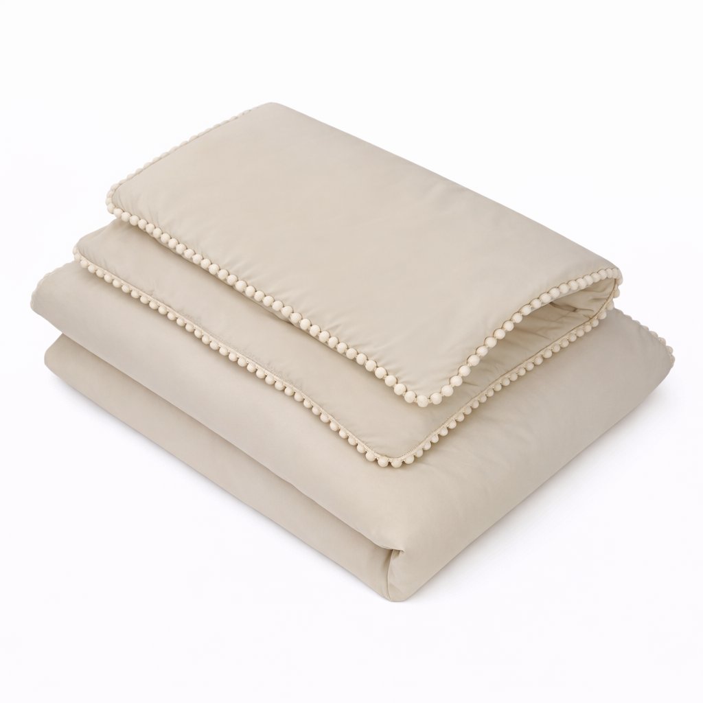 KOELL: Premium Bedding Set with Integrated Filling & Pompom Trim - Beige & Sand (120x90 cm / 40x60 cm)