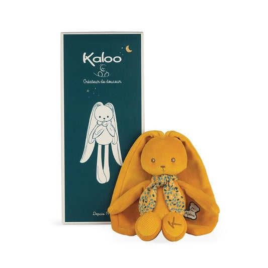 Small 25cm Kaloo Lapinoo rabbit in ochre with long ears and a personalized gift box.