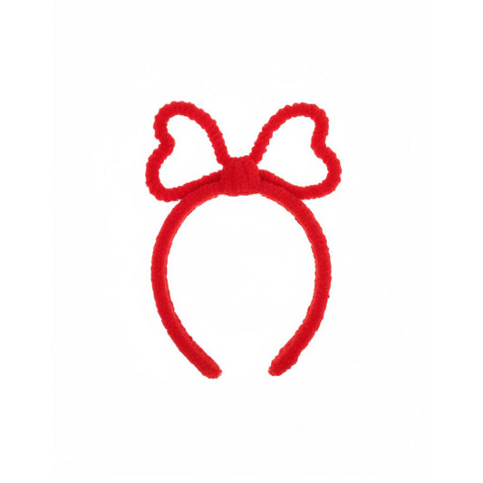 Red plush headband for children featuring a double heart-shaped bow design on a white background.