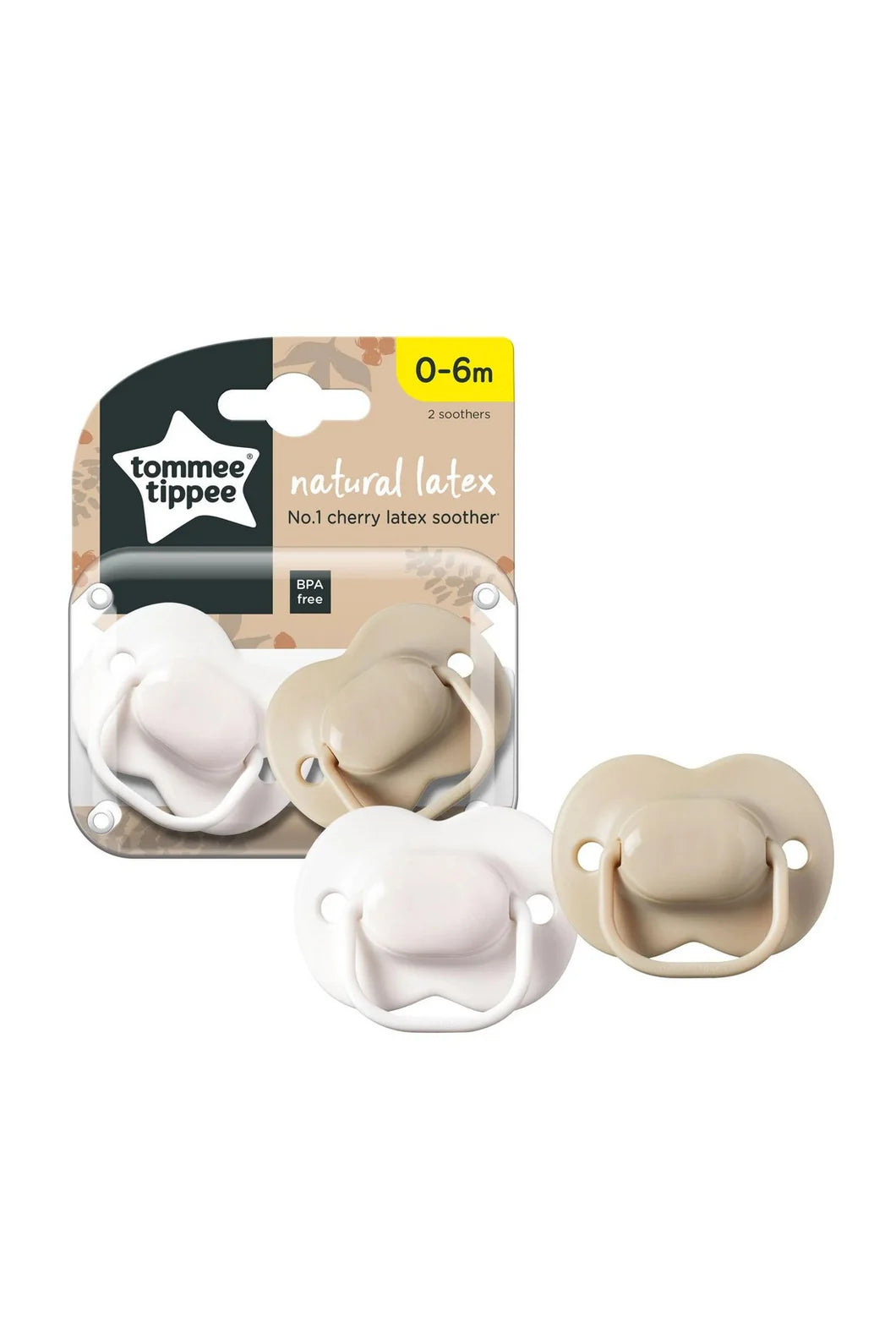 Two Tommee Tippee cherry-shaped natural latex soothers for babies aged 0 to 6 months.
