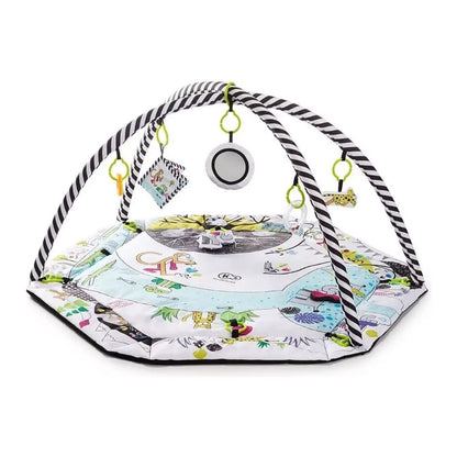 Kinderkraft Smartplay educational mat with lifted sides used as a ball pit, featuring colorful balls and hanging toys.