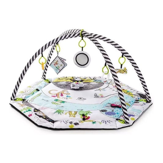 Kinderkraft Smartplay educational mat with lifted sides used as a ball pit, featuring colorful balls and hanging toys.