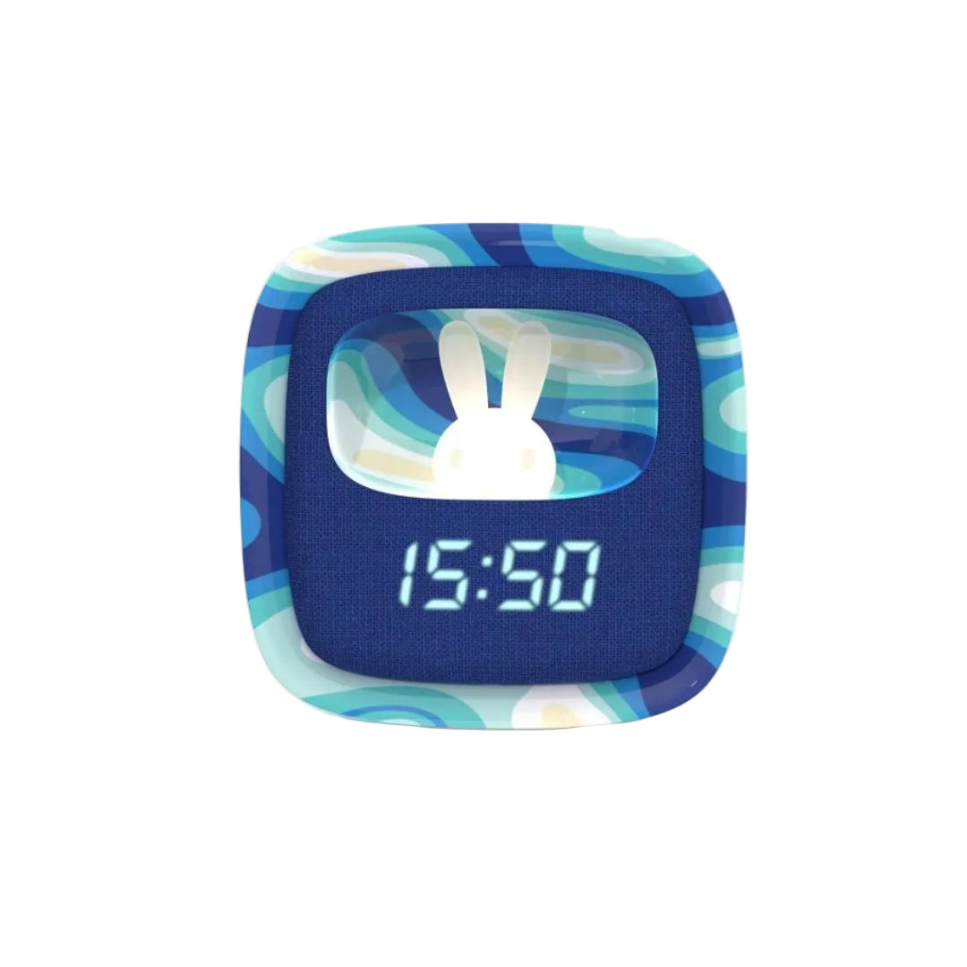 MOB Billy Clock and Night Light in Blue Waves, featuring a soft silicone rabbit light and digital alarm display for kids' bedrooms, available at BabyBuzz.