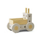 Toy cart with a yellow box and beige wheels on a white background
