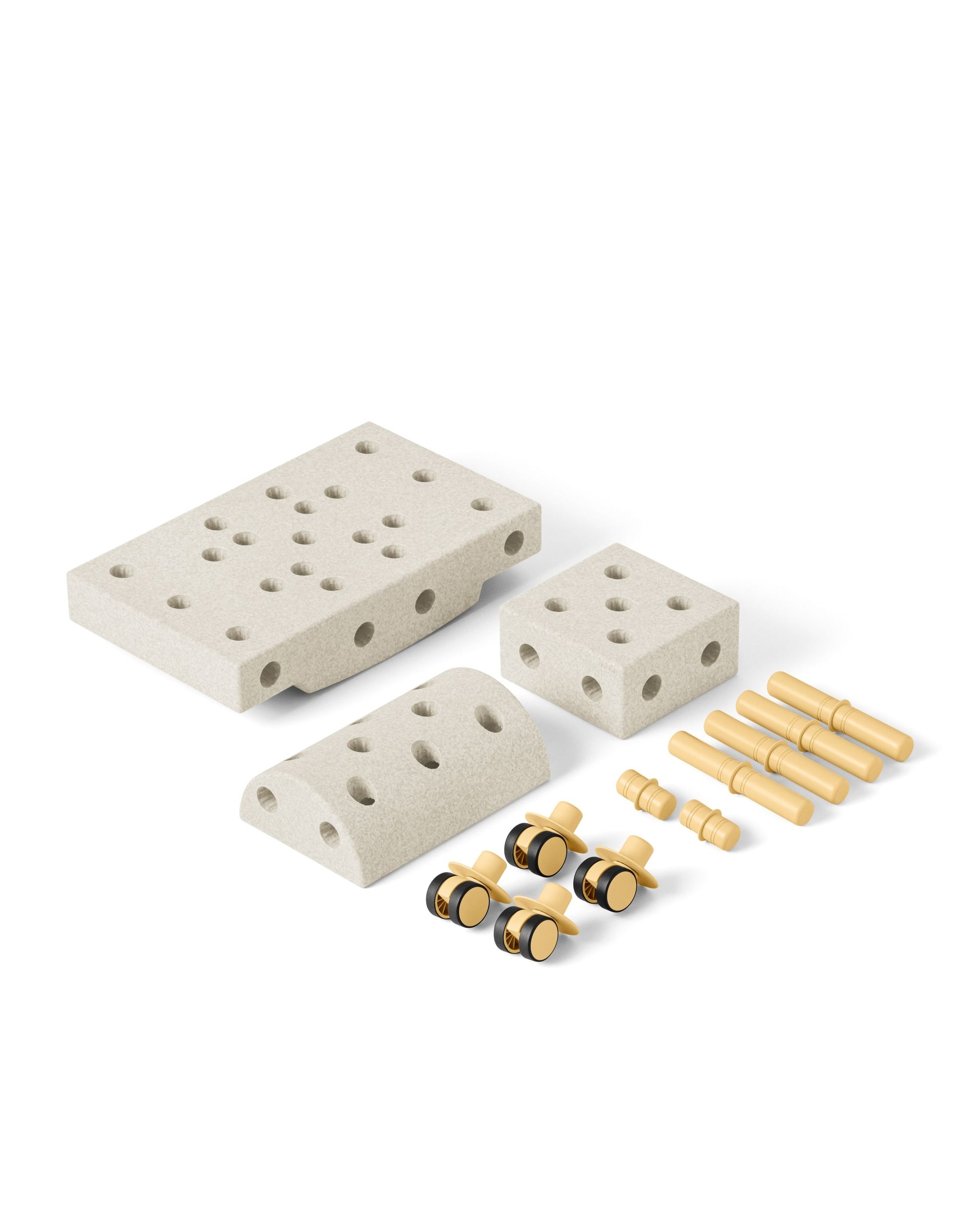 Set of beige building blocks with wooden connectors on a white background