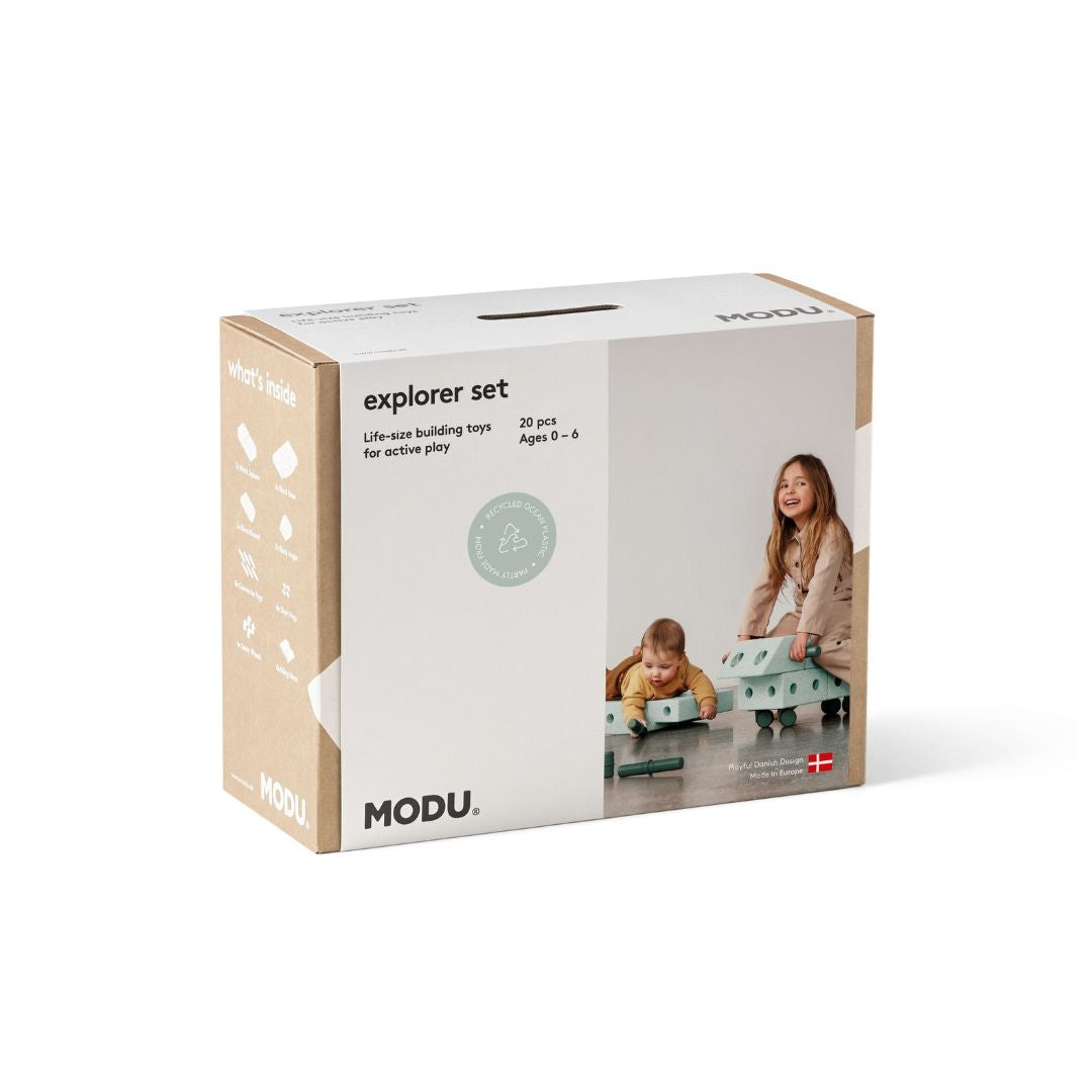 MODU explorer set packaging with images of children playing on a white background