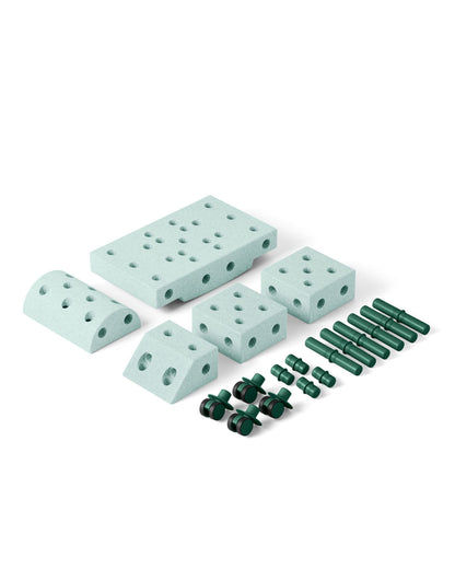 MODU Explorer Set in Ocean Mint and Forest Green showing blocks and wheels laid out for building.