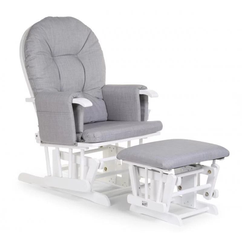 Light grey Miila canvas nursing chair with matching foot stool and a smooth wooden rocking base.