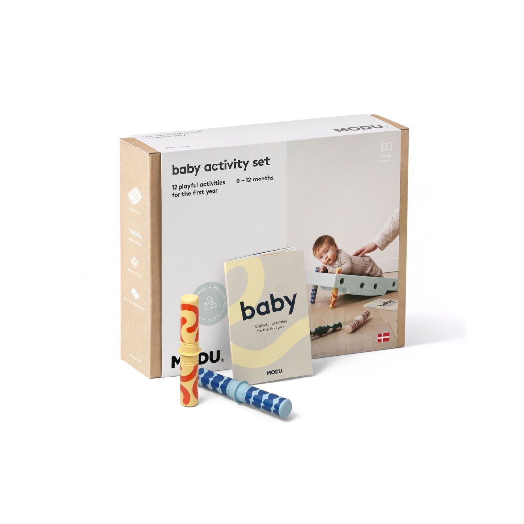 Baby activity set packaging with toys on a white background