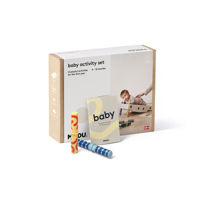MODU Baby Activity Set in Sand Grey and Honey Yellow with base block, wheels, and sensory pegs.