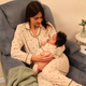 Babybuzz Moments matching mommy and me velvet pajama set in soft beige with leaf print, featuring 100% cotton nursing-friendly top and baby sleepsuit.