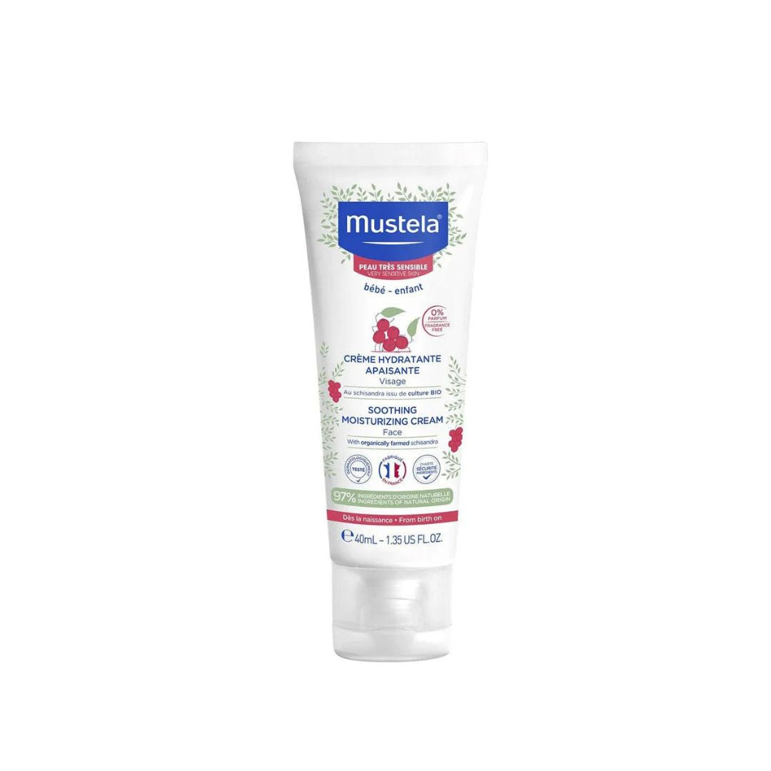 A tube of Mustela Soothing Moisturizing Face Cream for very sensitive skin, showing the precision applicator for facial use.