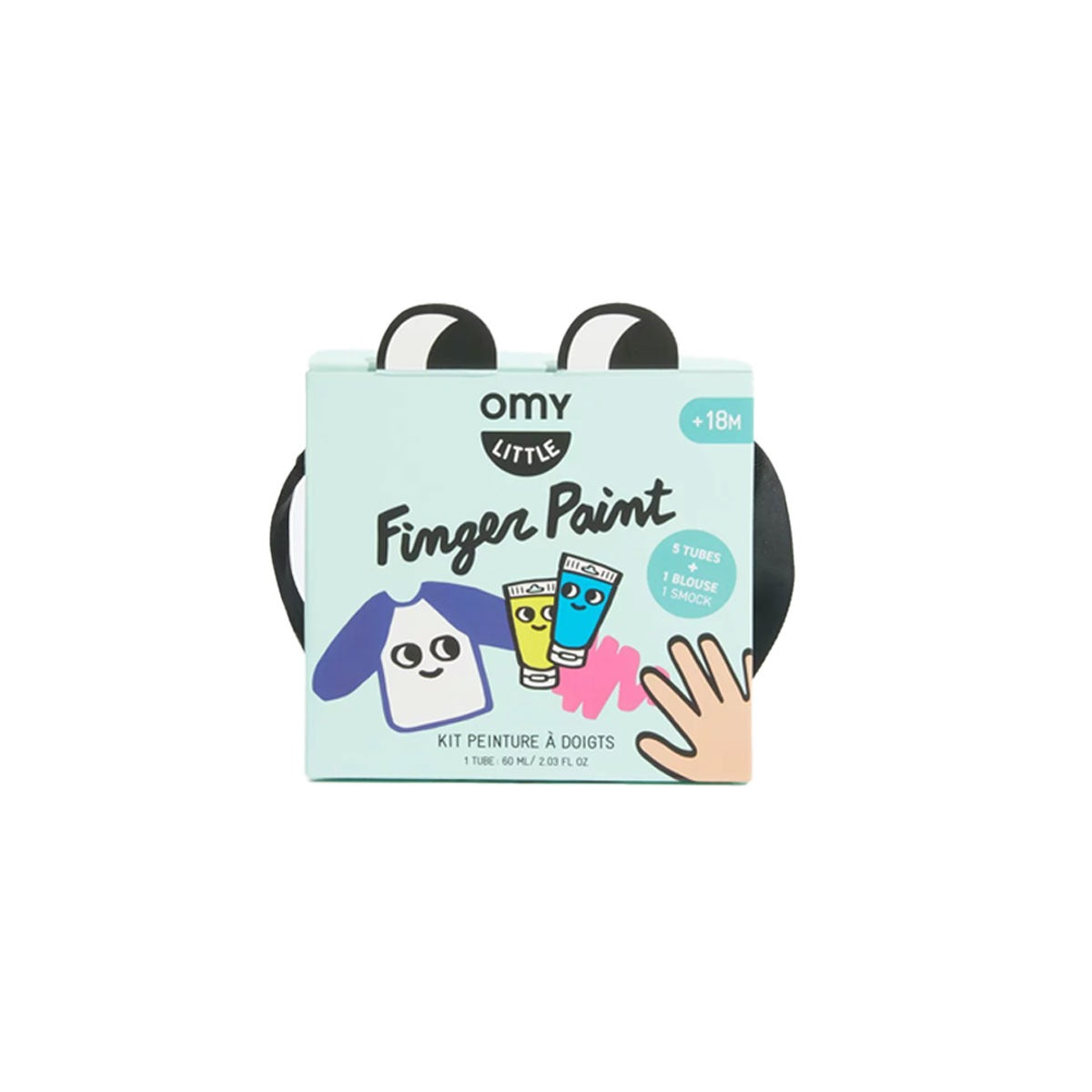 Hand holding a box of Omy finger paint with four tubes of colorful paint on a purple background. Lebanon
