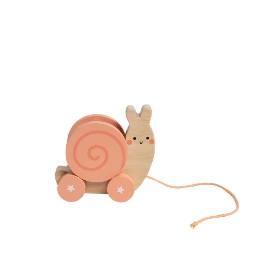 Pearhead wooden snail pull-along toy with a detachable shell filled with colorful rattling wooden balls.