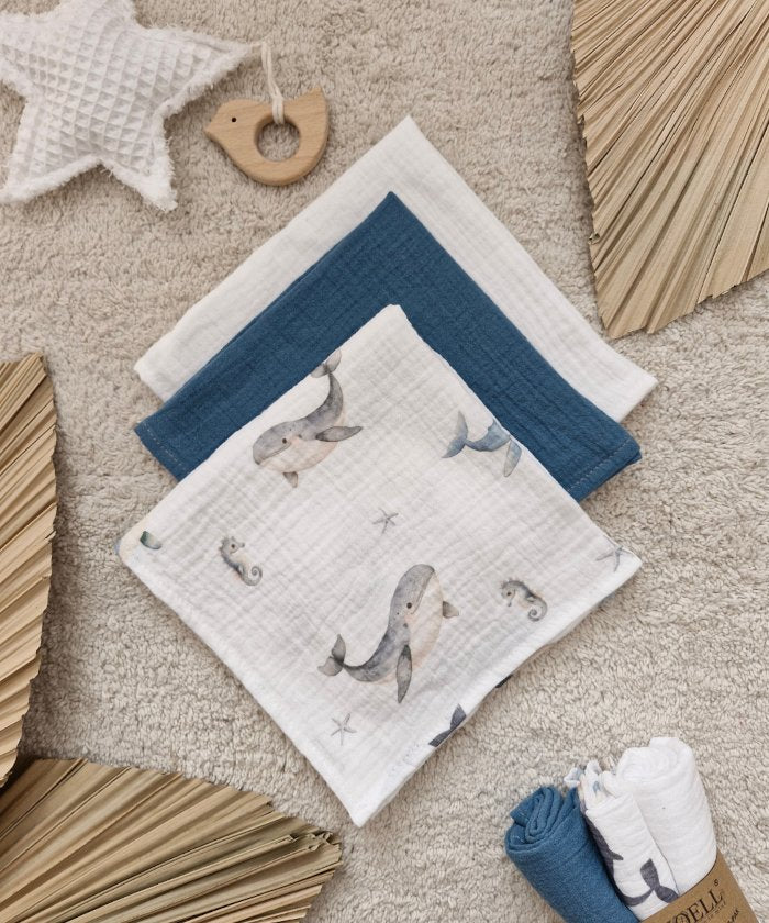 Three-Pack Muslin Diapers & Swaddle Cloths - Whales on White