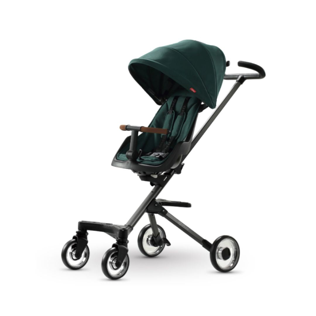 A compact QPlay Easy Stroller in a folded and unfolded position, highlighting its lightweight frame and large sun canopy.BabybuzzLebanon