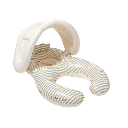 Inflatable pool float with striped design and canopy on a white background