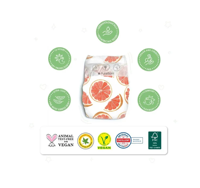 Pureborn  Organic Nappies - Size 2 - S - 3-6 kg - 128 Count