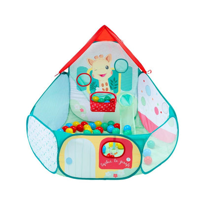 Sophie la Girafe pop-up ball pool for babies featuring 40 colorful balls and interactive magic slides.