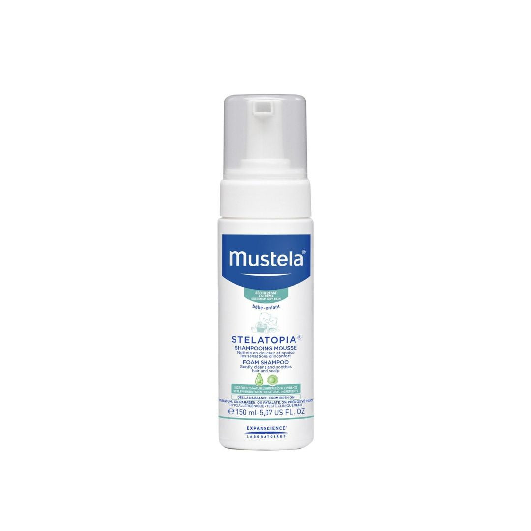 A 150ml pump bottle of Mustela Stelatopia Foam Shampoo designed for babies with extremely dry or eczema-prone skin.