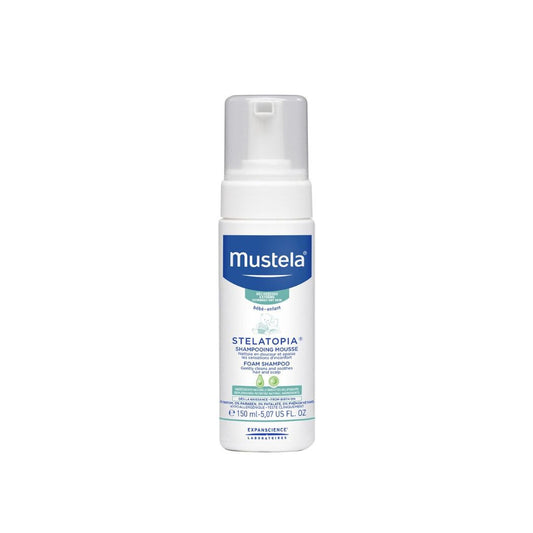 A 150ml pump bottle of Mustela Stelatopia Foam Shampoo designed for babies with extremely dry or eczema-prone skin.