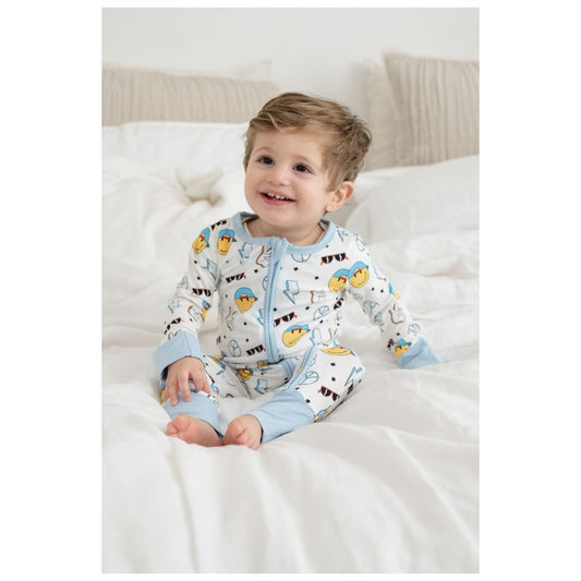 Close-up of the double zipper and tagless interior on a TeeJayz 9-12 month bamboo romper.