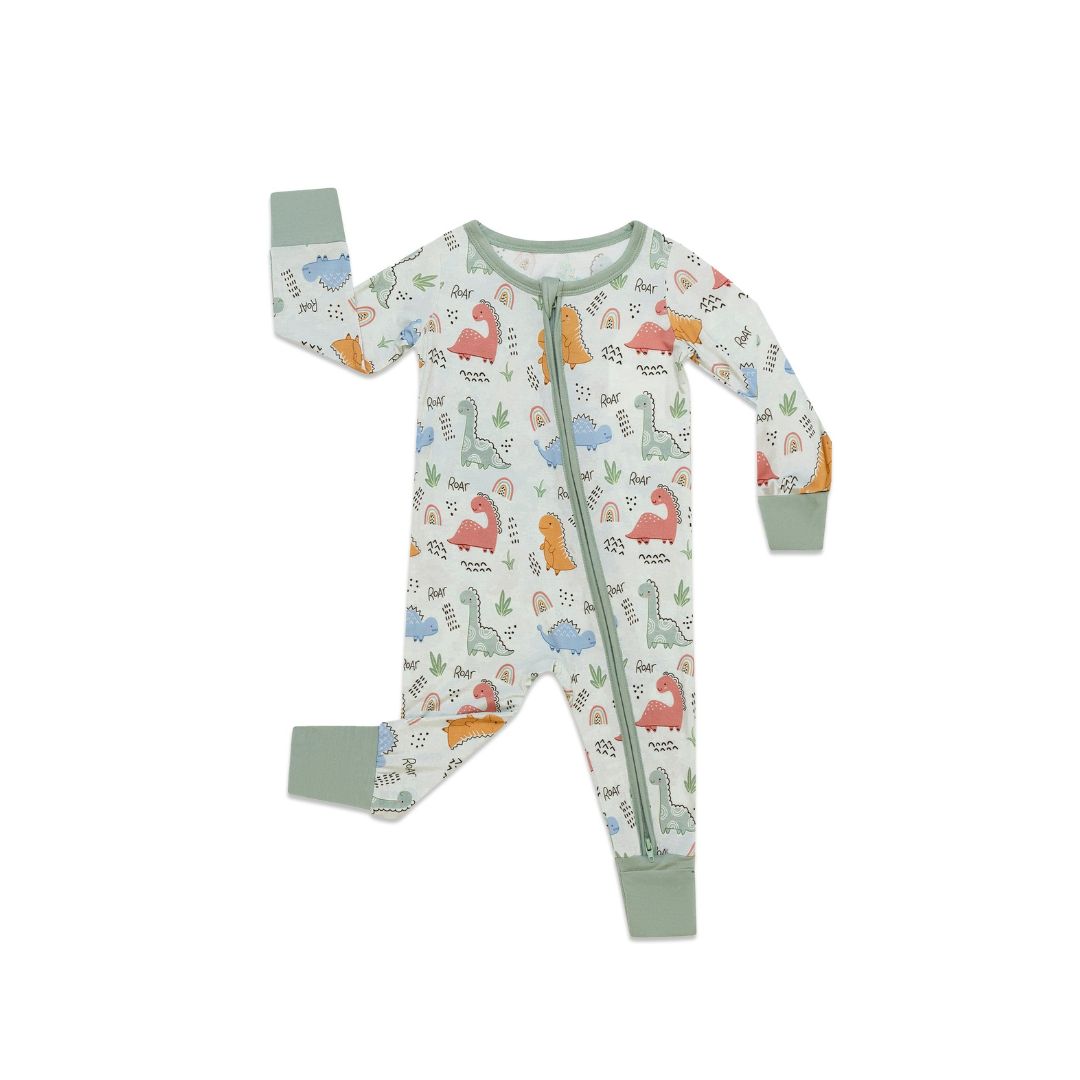 TeeJayz "Dino" print bamboo zippy in 9-12 months with fold-over foot cuffs.