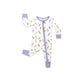 Baby onesie with colorful feather pattern on a white background