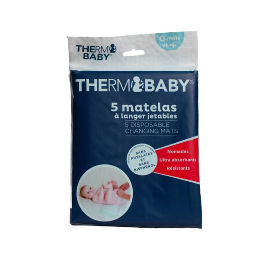 A stack of white Thermobaby disposable changing mats showing the soft absorbent top layer and waterproof backing.