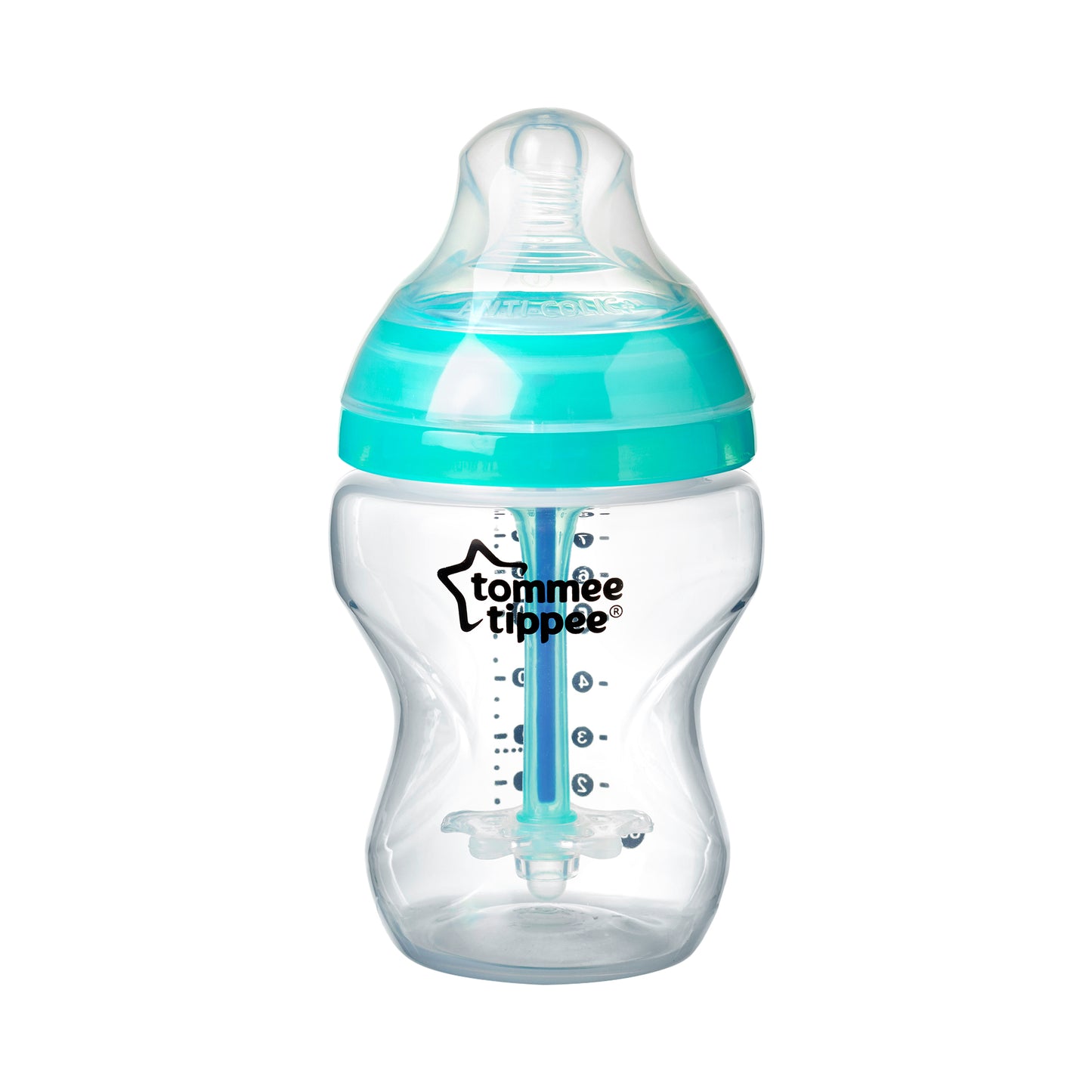 Tommee Tippee Advanced Anti-Colic baby bottle showing the internal venting tube with heat-sensing strip.