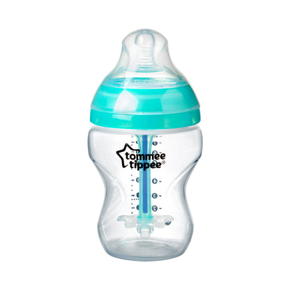 Tommee Tippee Advanced Anti-Colic baby bottle showing the internal venting tube with heat-sensing strip.