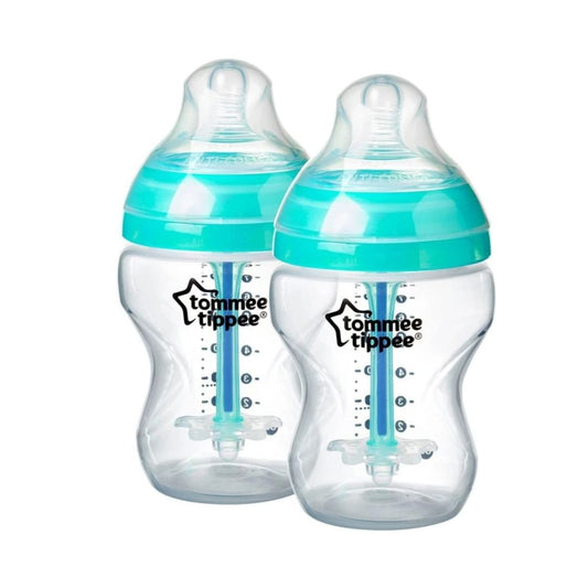 Two Tommee Tippee Advanced Anti-Colic 260ml feeding bottles with internal venting tubes and slow flow teats.